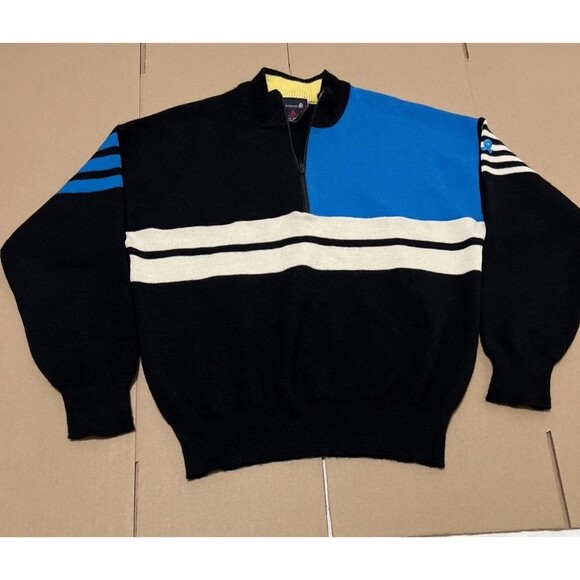 Demetre Vintage Virgin Wool 1/4 Zip Sweater Black Blue White Striped Mens M - Picture 1 of 7